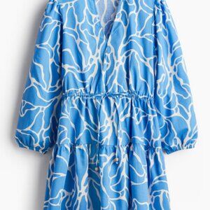 H&M Drawstring-detail cotton dress in a blue and white abstract pattern